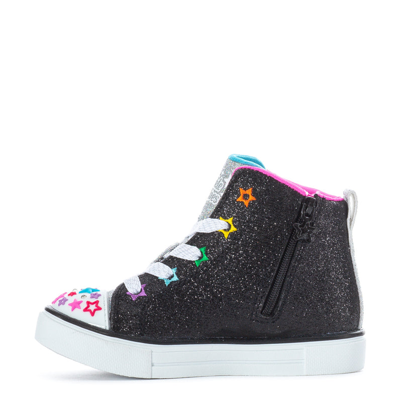 Toddler black glitter high-top sneaker with multicolor stars, side zipper, white sole