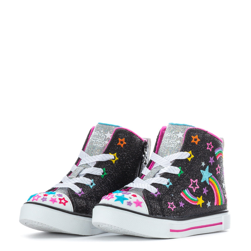 Toddler pair of black glitter high-top sneakers with rainbow and star graphics, laces