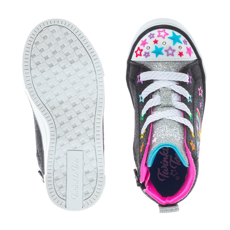 Toddler black glitter high-top sneakers, outsole and side view with colorful star trim
