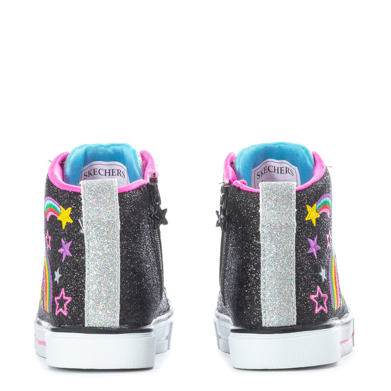 Toddler black glitter high-top sneakers with blue heel tabs and multicolor star accents