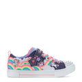 Kids navy low-top sneaker with rainbow accents, pink laces, and star graphic