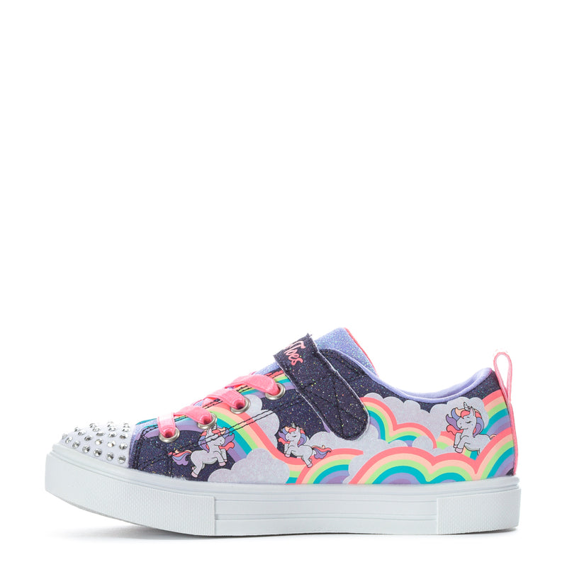 Kids navy low-top sneaker with rainbow side stripe and pink laces