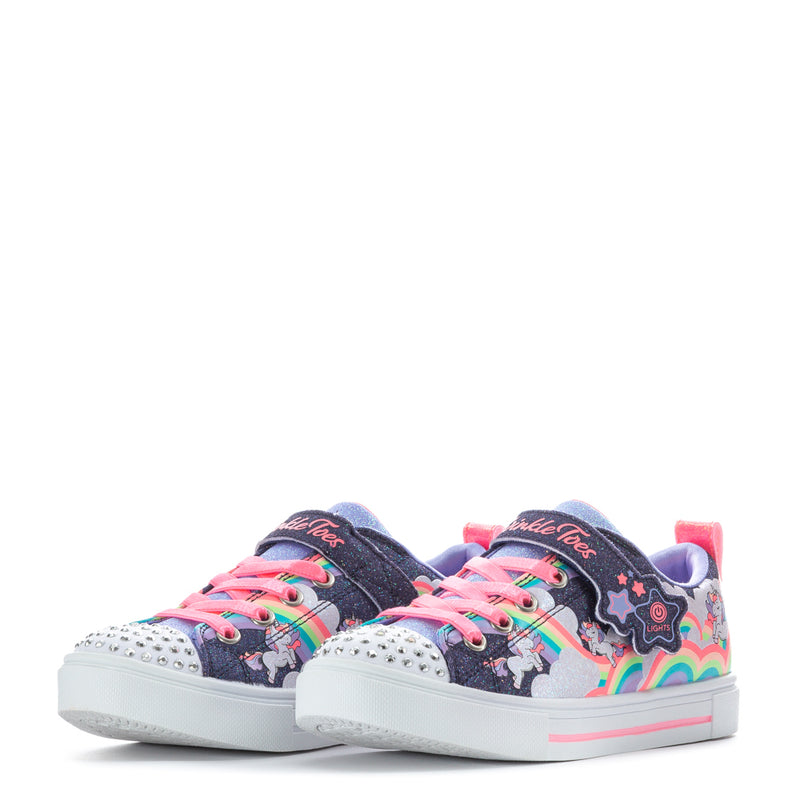 Kids low-top sneakers, navy with rainbow accents and pink laces, sparkly star print