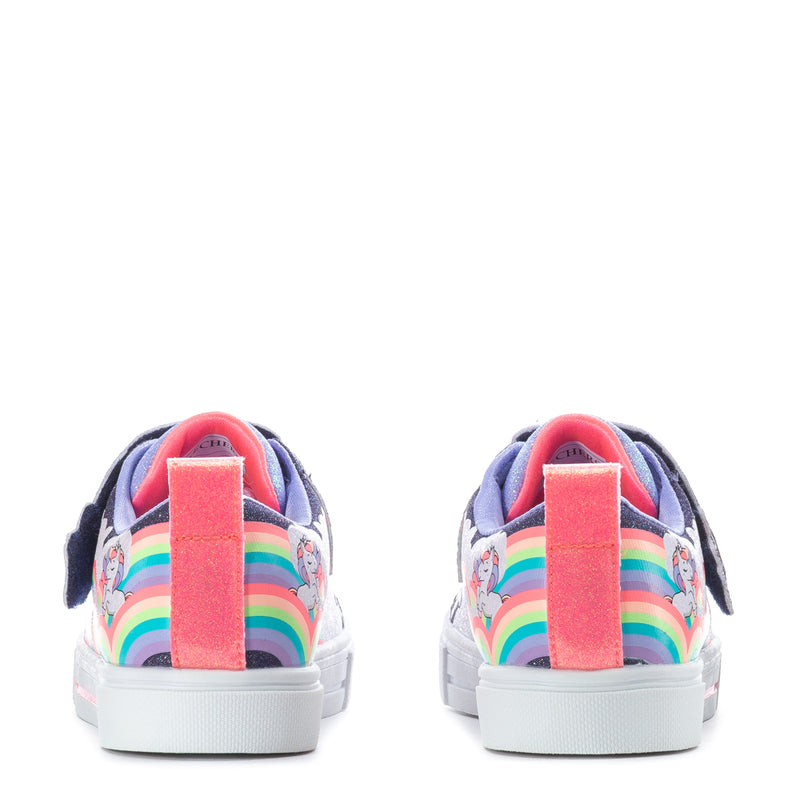 Kids navy low-top sneakers with rainbow print and pink heel strap
