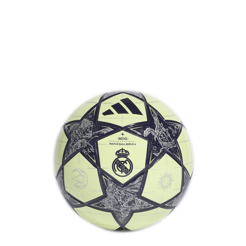 Champions League mini football, lime and dark navy with Real Madrid crest and star detailing.