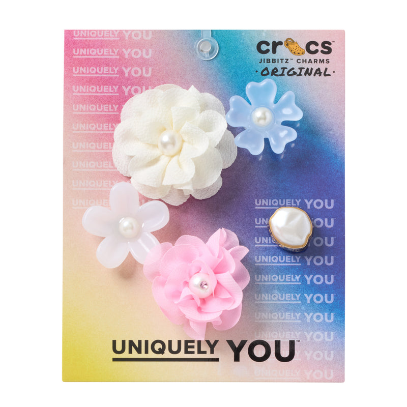 Flower Jibbitz charms set with pink, blue, and white blossoms and pearls