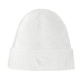Off-white knit beanie with ribbed cuff and small trefoil logo