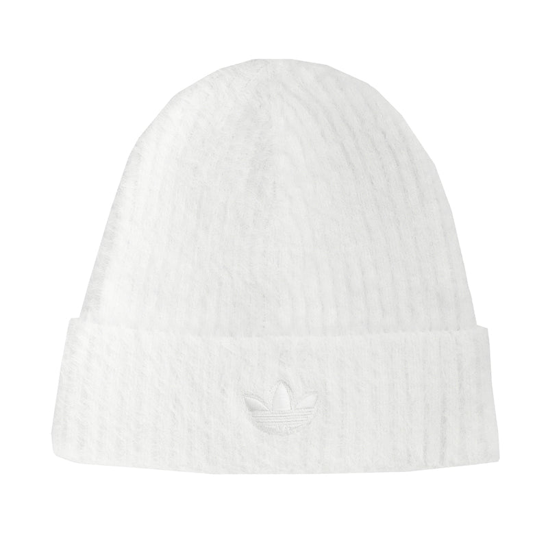 Off-white knit beanie with ribbed cuff and small trefoil logo