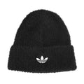 Black knit beanie with white Adidas trefoil logo