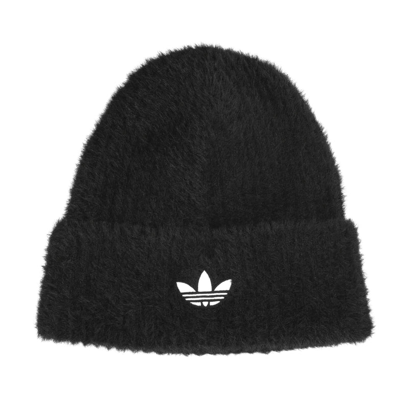 Black knit beanie with white Adidas trefoil logo