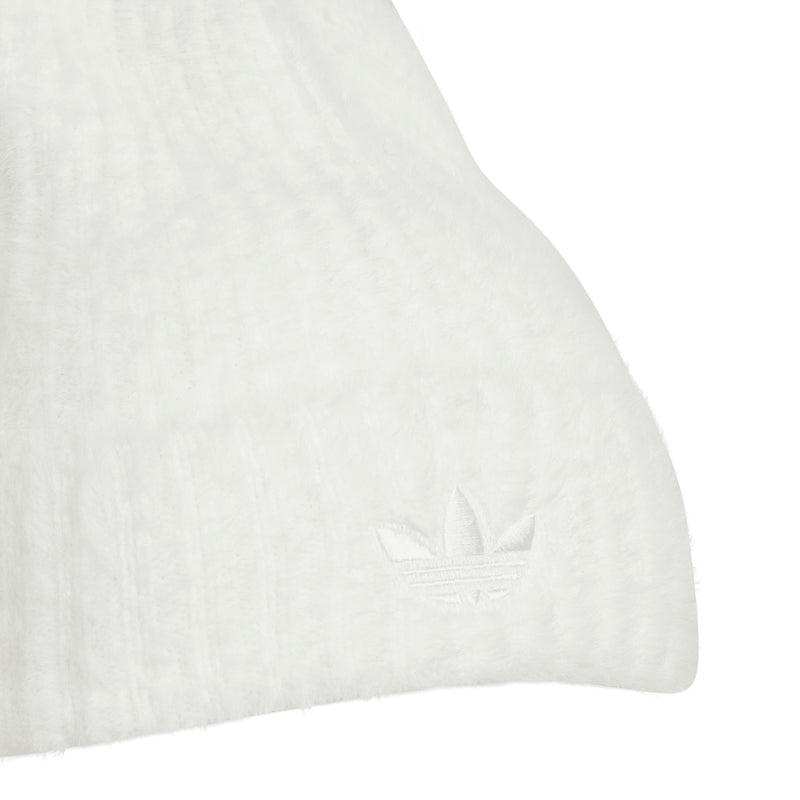 Off-white knit beanie close-up with trefoil logo on cuff