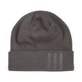 Grey knit beanie with ribbed cuff and three-tone side stripes