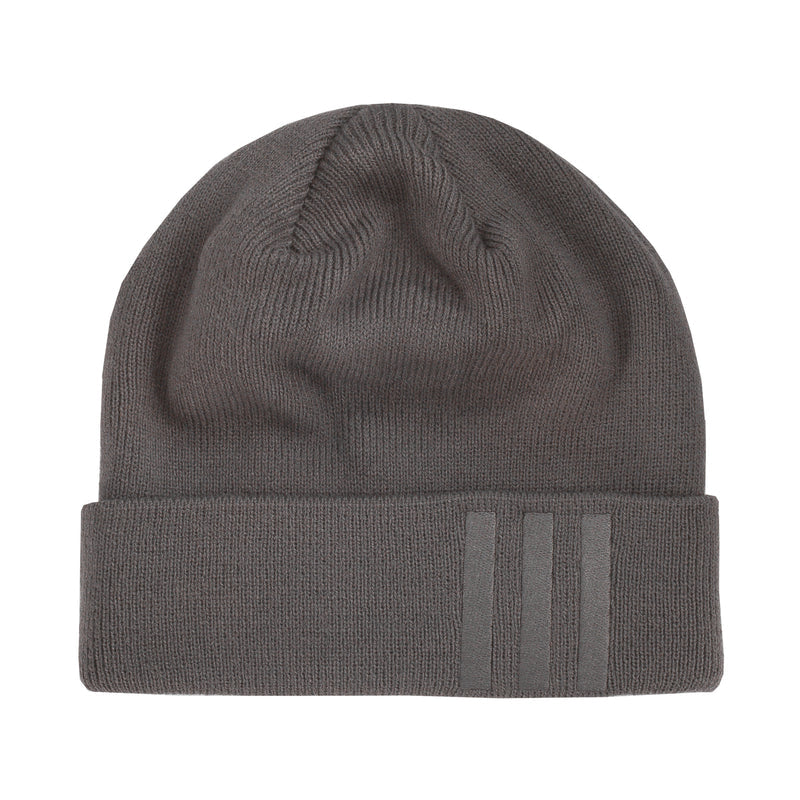 Grey knit beanie with ribbed cuff and three-tone side stripes
