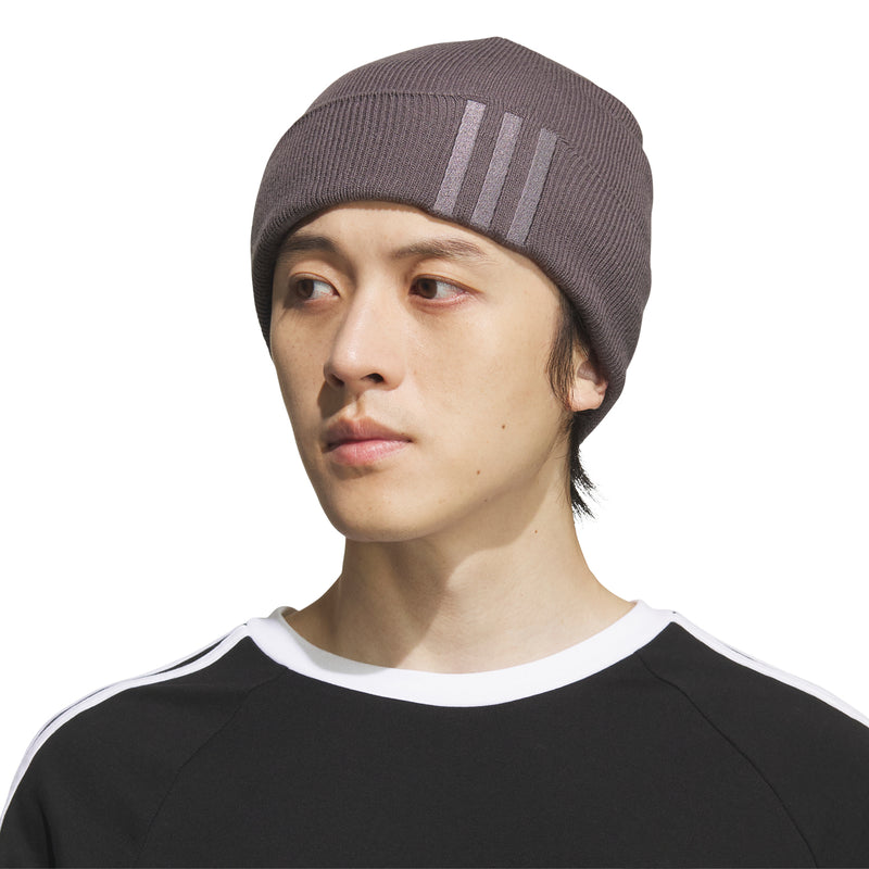Grey ribbed beanie with three-tone stripes, cuff folded