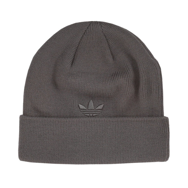 Grey knit beanie with ribbed cuff and small trefoil logo