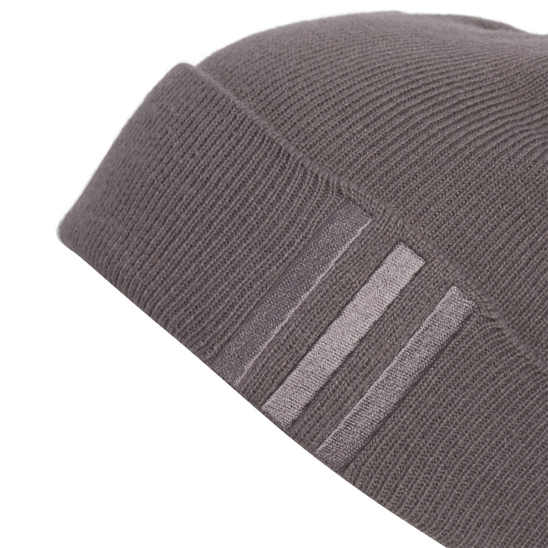Grey knit beanie with folded cuff and three-tone vertical stripe detail