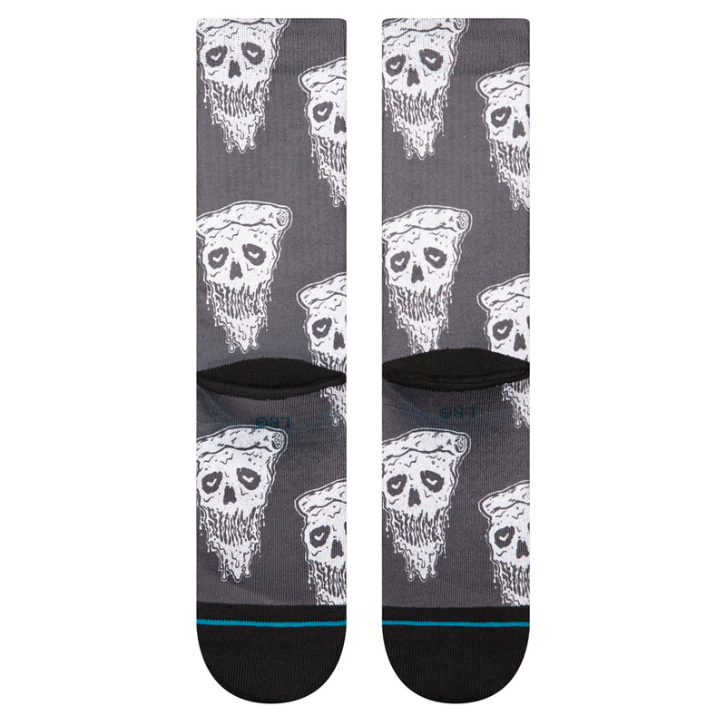Crew socks with white pizza skull pattern on dark gray, black cuff and blue-green stripe