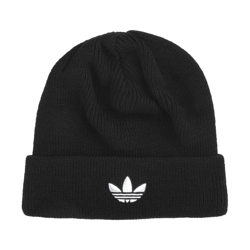 Black ribbed unisex beanie with white trefoil logo patch