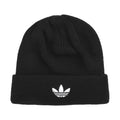 Black ribbed unisex beanie with white trefoil logo patch