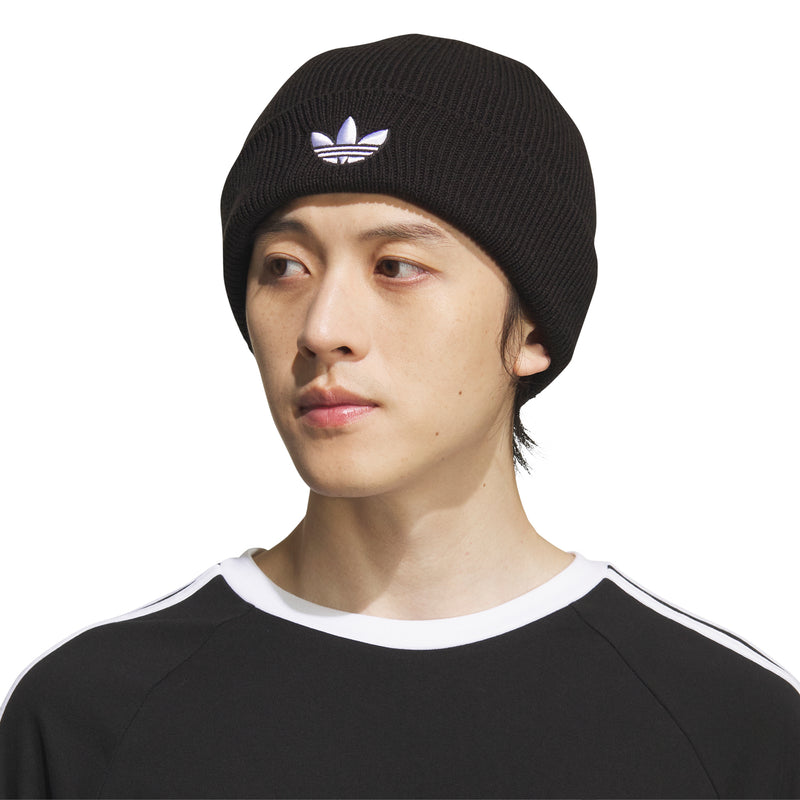 Black unisex beanie worn with white trefoil logo at the front