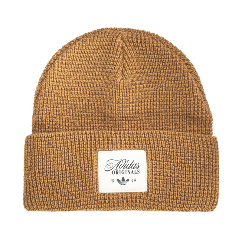 Unisex waffle-knit beanie in brown with fold-up cuff and Adidas Originals patch