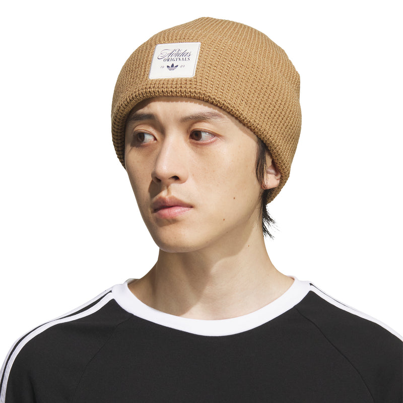 Waffle-knit brown beanie with fold cuff and Adidas Originals logo patch