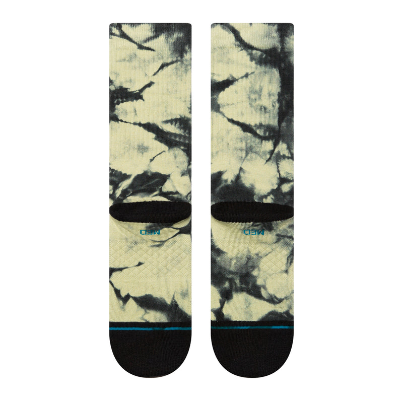 Unisex crew socks in green-and-black tie-dye with black foot and blue stripe