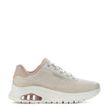 Women's taupe knit lace-up sneakers with cushioned white sole and air-cushion detail