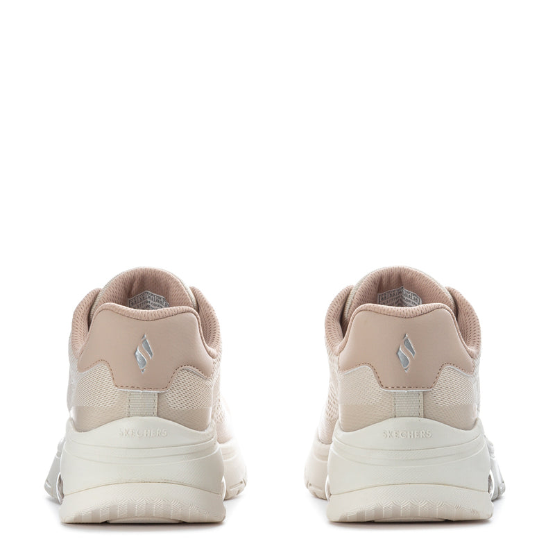 Women's taupe sneakers with lace-up back heel and logo patch on cushioned sole