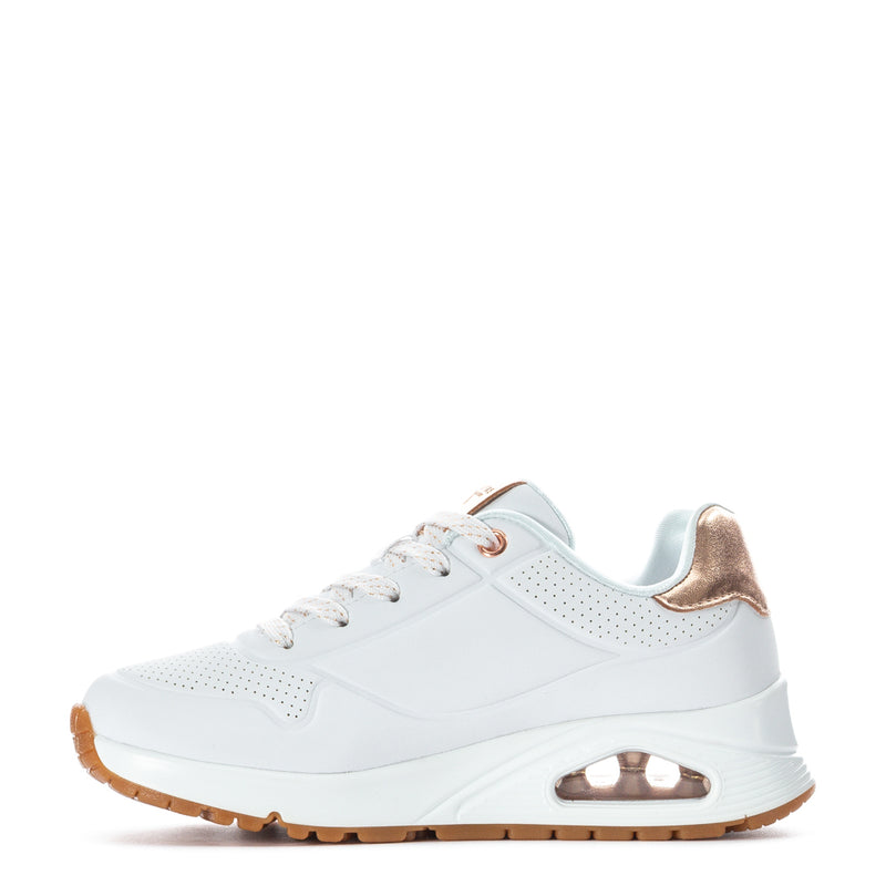 Kids' white lace-up sneakers with rose-gold trim and air-cushion heel window