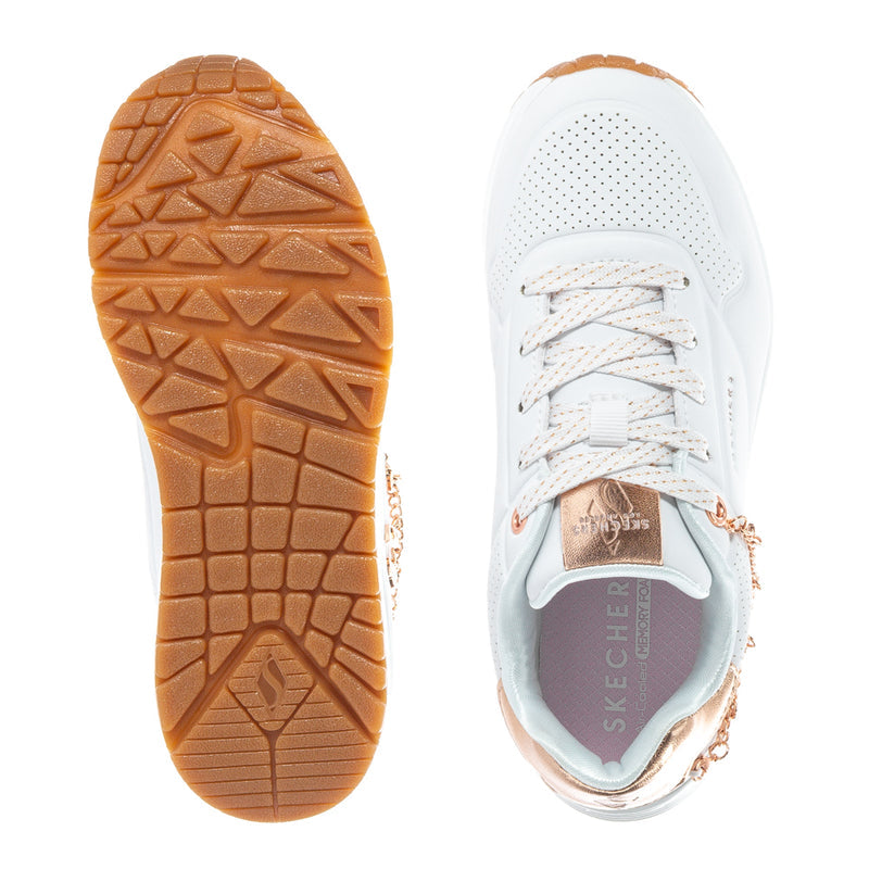 Kids' sneakers: treaded brown outsole with white upper and rose-gold heel detail