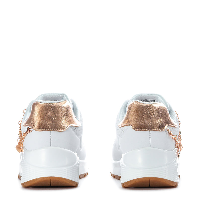 Kids' white sneakers back view with rose-gold heel tabs and chain detail