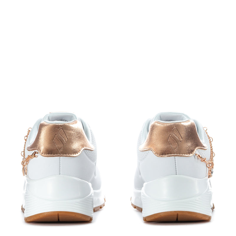 Youth white sneaker back view with rose-gold heel accents and chain pull tabs