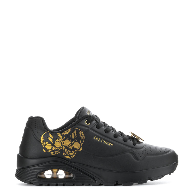 Men's SKECHERS Uno sneakers, black with gold skull side graphic and eyelets
