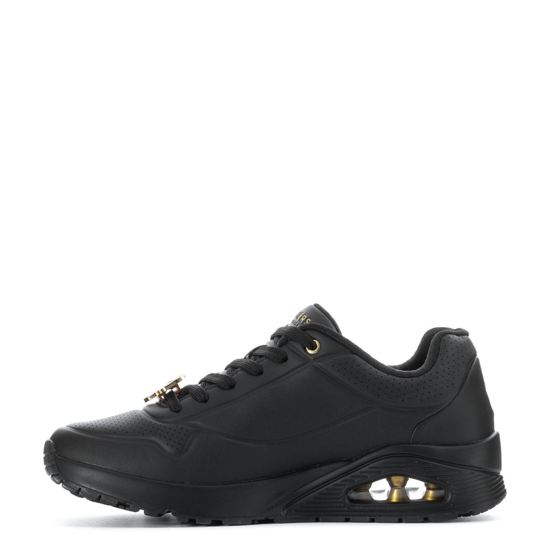 Men's SKECHERS Uno sneakers, black side view with gold air-cushion window