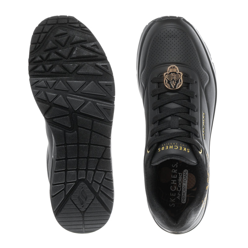 Men's SKECHERS Uno sneaker, black textured outsole and black lace-up upper