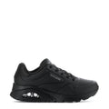 Women's black SKECHERS lace-up sneakers with cushioned, patterned outsole