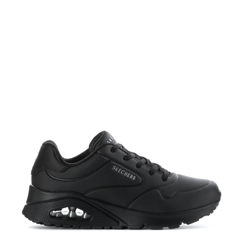 Women's black SKECHERS lace-up sneakers with cushioned, patterned outsole
