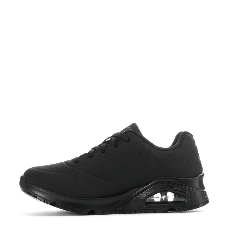 Women's black lace-up sneaker with side air-cushion window and rubber sole