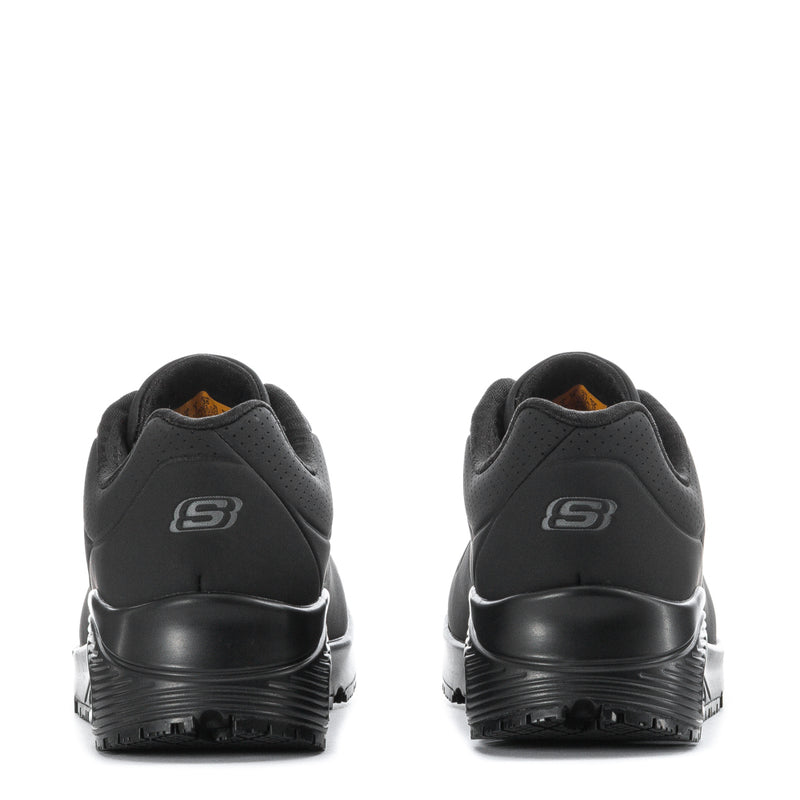 Women's black lace-up sneaker heel view with padded collar and brand logo