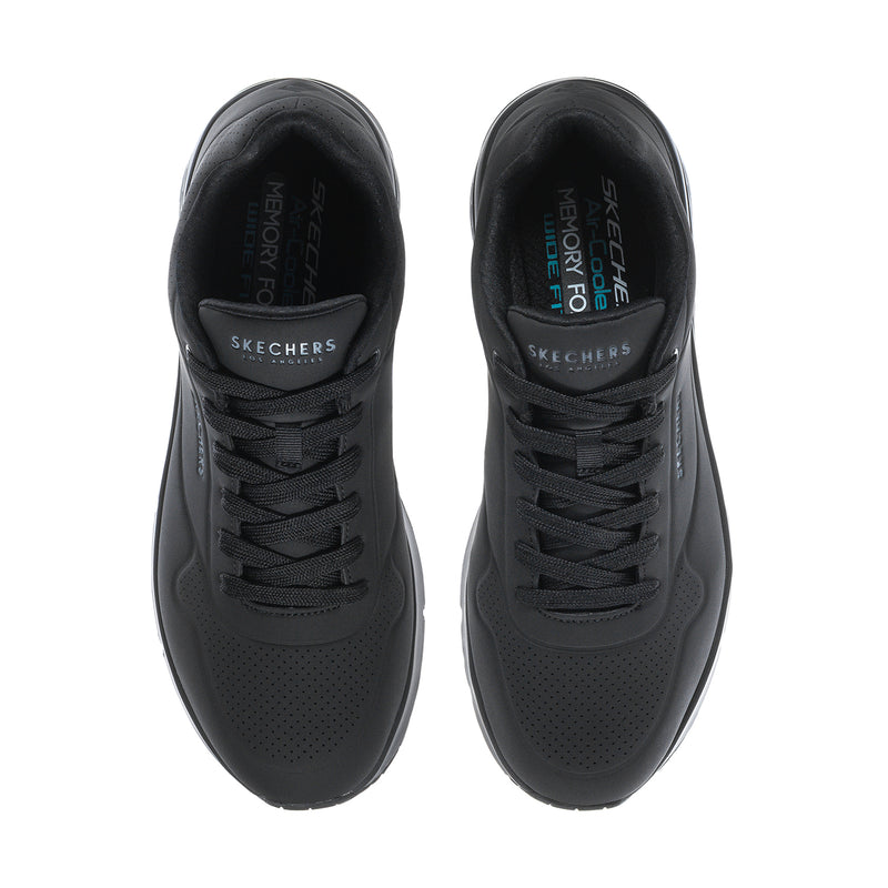 Pair of men's black wide sneakers with black laces and breathable perforated upper