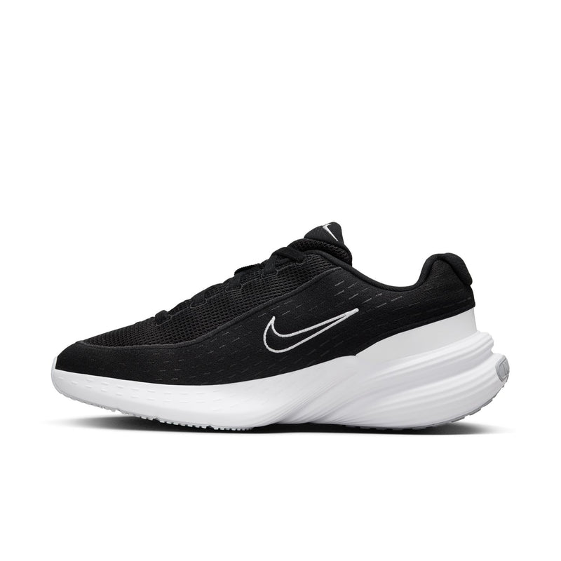 Black knit women's running sneaker with white Nike swoosh and white midsole