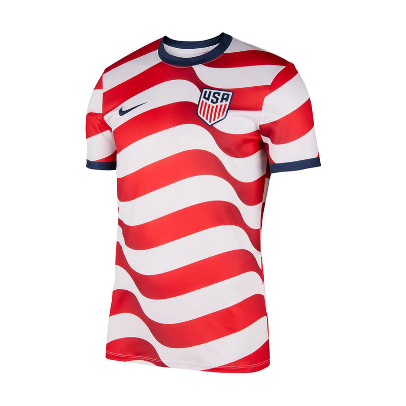 Men's red and white USA supporter tee with crew neck and striped wave design