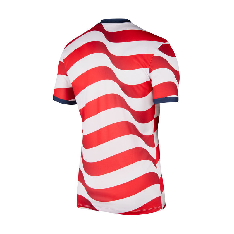 Men's red and white USA supporter tee, back view with striped wave pattern