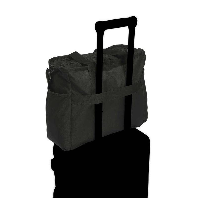 Black utility tote with reinforced handles and side strap detail.