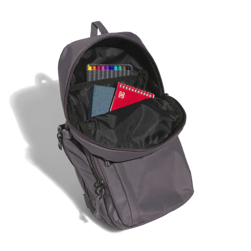 Grey sling bag open with interior organizer and small zip compartments
