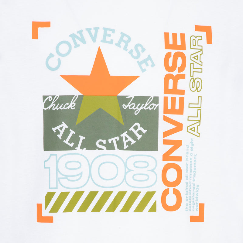 Youth utility T-shirt, white, close-up of Converse All Star orange/green logo