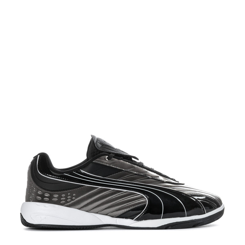 Men's black and silver athletic sneaker with white midsole, lace-up front