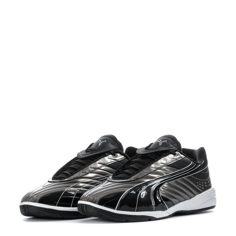 Pair of black and silver lace-up athletic sneakers with white accents and Puma logos
