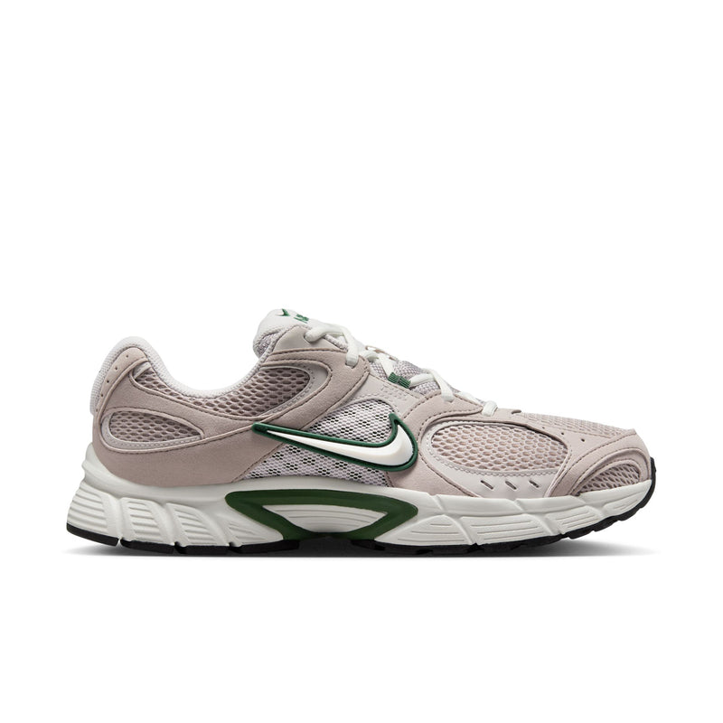 Men's light gray running shoes with green swoosh and white midsole